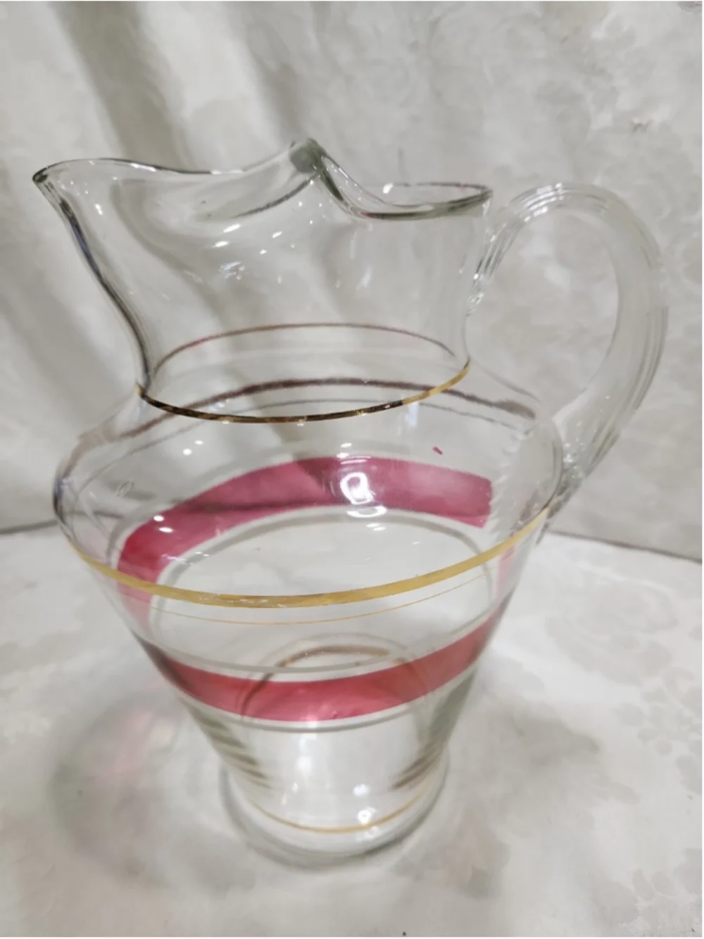 MCM Glass Pitcher Ice Lip Pink White Enamel Stripe Gold Trim Ribbed Handle